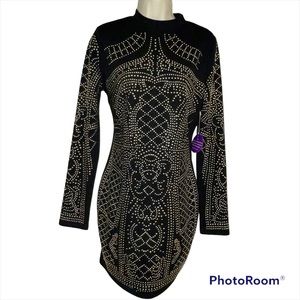 Windsor black long sleeve bodycon dress with silver beading size large NWT
